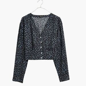 Madewell Black Floral Print V Neck Button Up Top